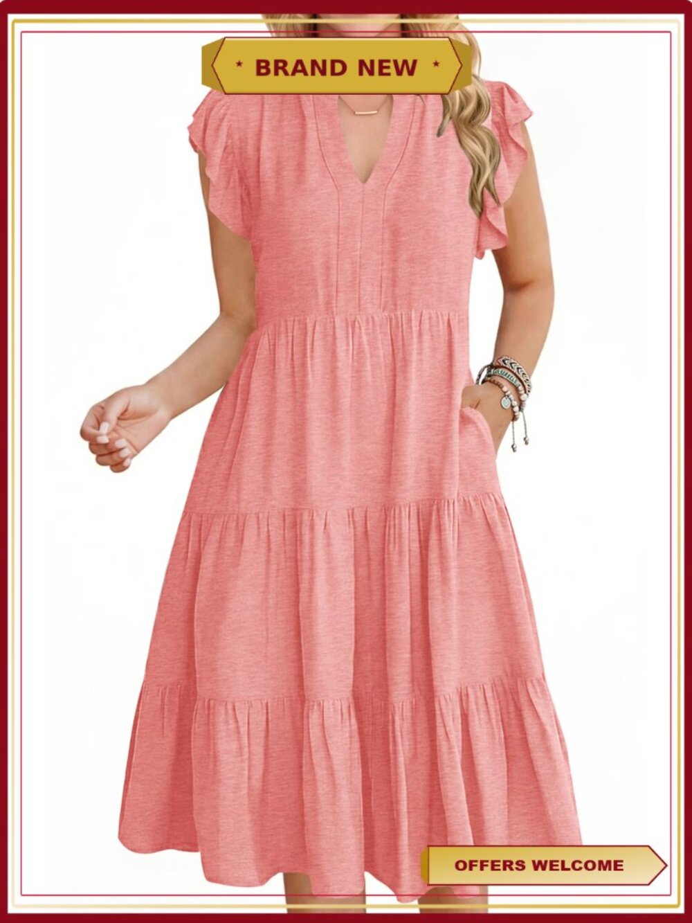 Ruffle Sleeve V Neck Midi Dress Beach Sundress with Pockets